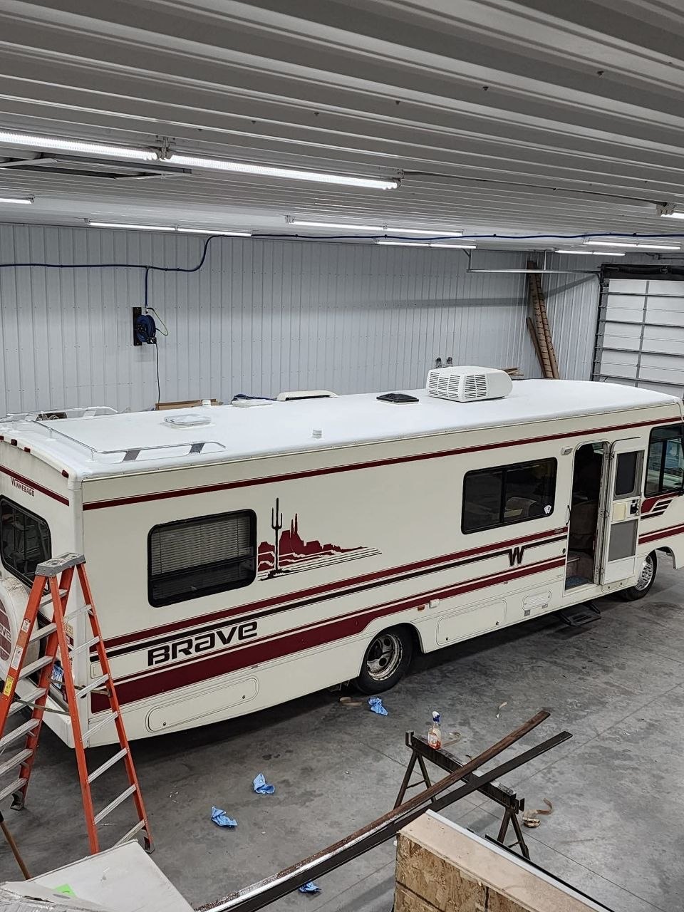 Repaired Winnebago roof viewed from the rear
