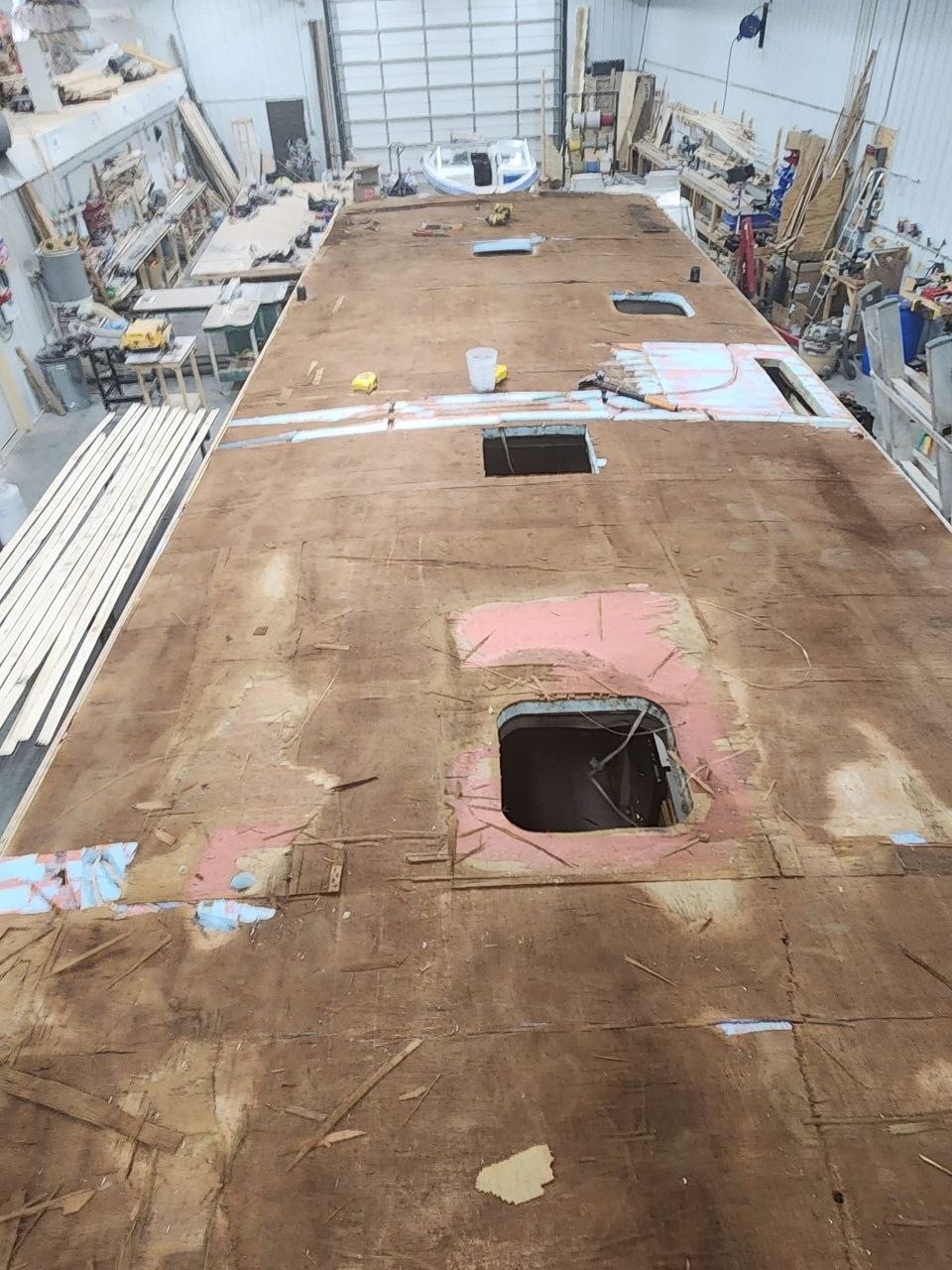 Exposed roof decking during the Winnebago repair